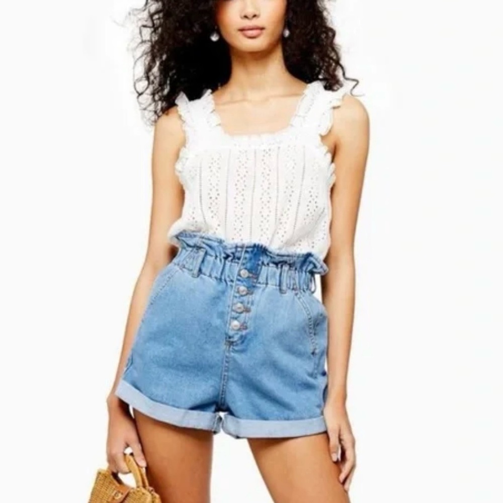 TOPSHOP Jean Shorts Paper Bag Style Button Fly Pockets Trending SZ 10 NWOT